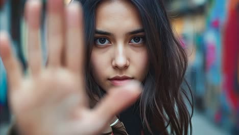 a woman with long black hair and blue eyes is making a stop sign with her hand