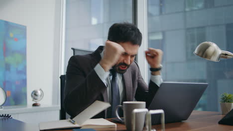 furious businessman shouting remote conference sitting office workspace closeup.