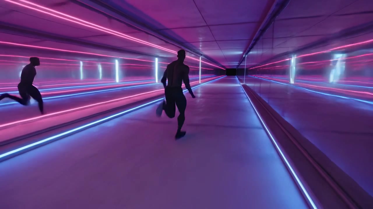 Startující běžec v šortkách a botách, bez trička, sprintující neonovým zrcadlovým koridorem.