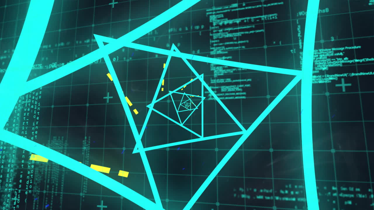 Geometric shapes and coding data animation over digital grid background