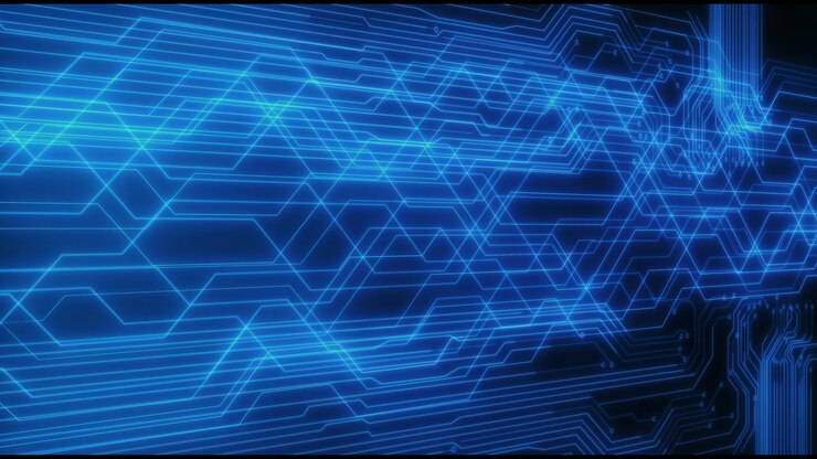 Scheda madre digitale, chip futuristico avanzato, griglia, onde energetiche, IA, web, CPU, rete.