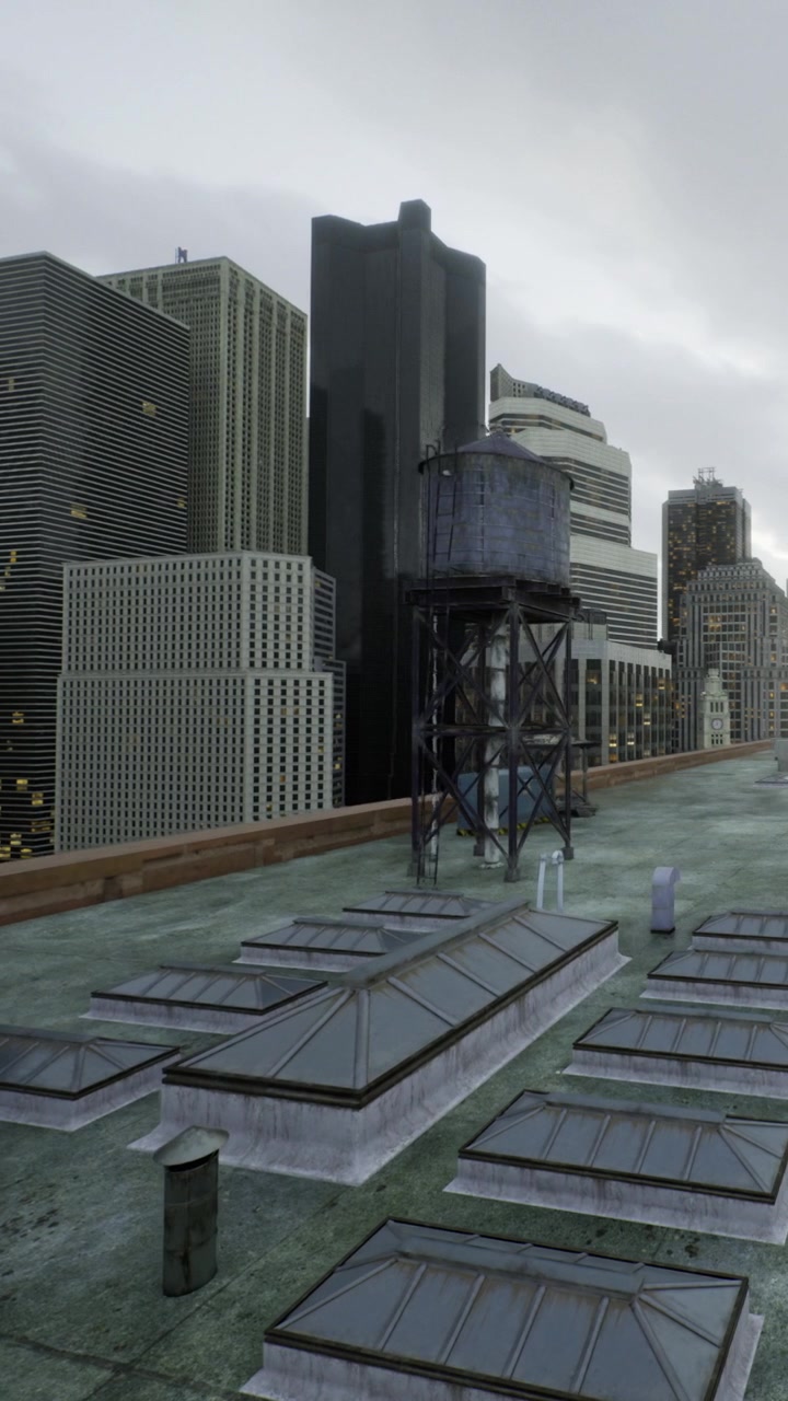 Horizonte urbano bajo cielos nublados con una torre de agua y tejados