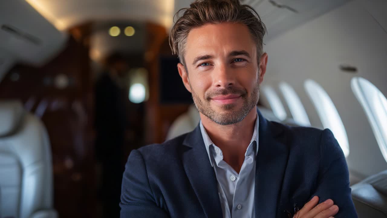 A Confident Man Relaxing Inside a Luxurious Private Jet, Exuding Success and Charm While Seated Comfortably in an Opulent Cabin with Modern Design and Soft Lighting Reflecting Elegance and Prestige