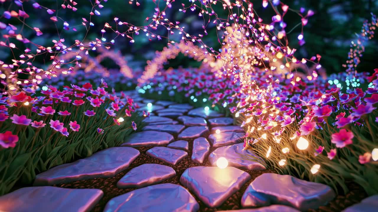 Eine verträumte Videoaufnahme aus der Untersicht: Ein Steinpfad, umgeben von leuchtenden, farbenprächtigen Blumen.