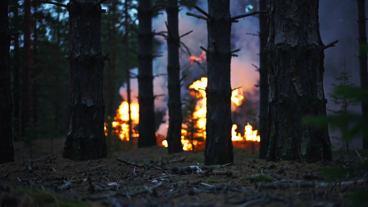 Tronchi di conifere che incorniciano una fascia in fiamme oltre, al crepuscolo, con la lettiera del sottobosco che alimenta il fumo.