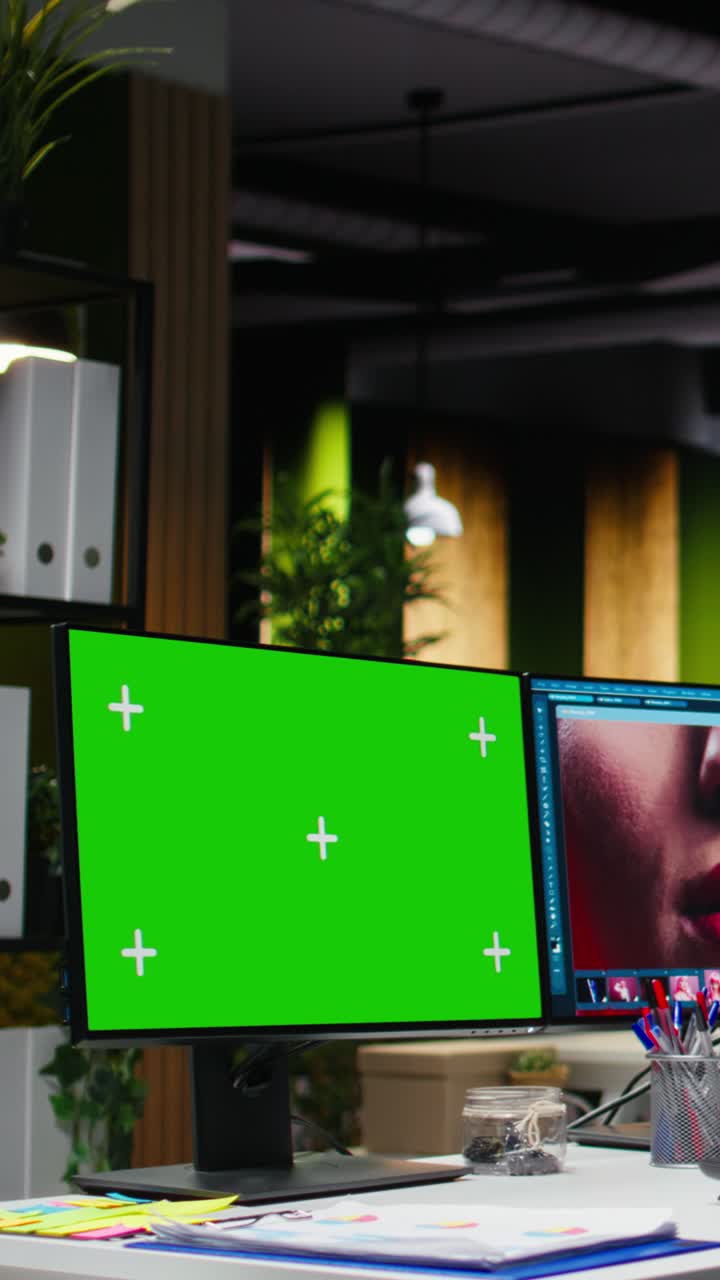 Vertical Video Isolated mockup next to african american editor retouching photo on software