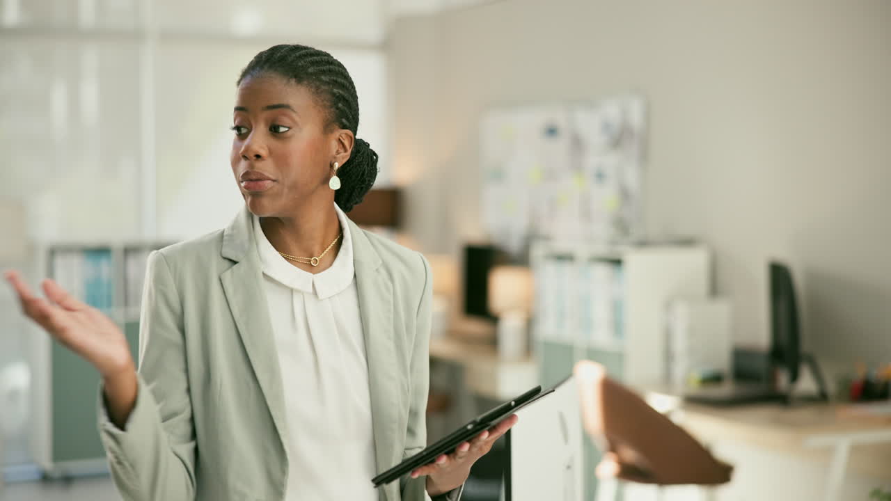 Businesswoman Presenting on Tablet in Modern Office