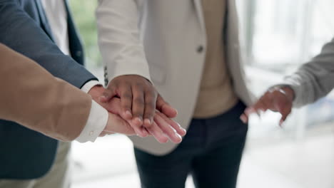 teamwork, hands and business people huddle