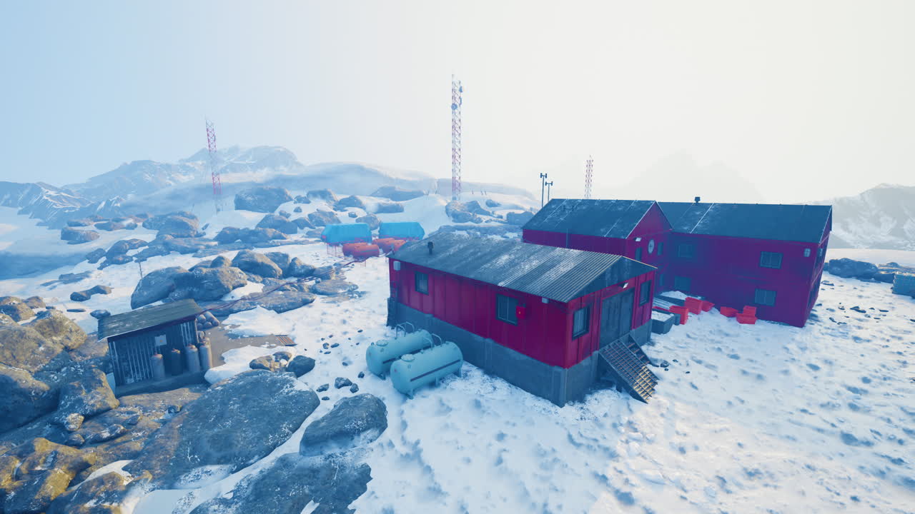얼음이 가득한 풍경 속의 북극 연구소