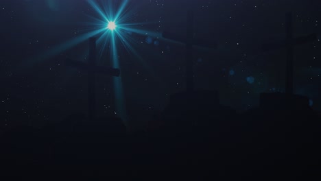 3 cruces en una silueta de montaña contra el fondo de estrellas nocturnas