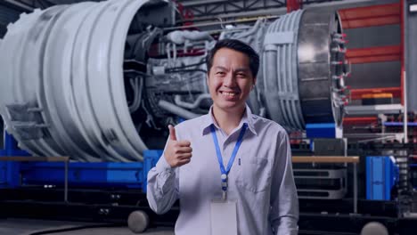 shot captures of an asian male professional worker standing with airplane engine maintenance conducted, analytics checking the turbine, his broad smile at the camera and thumbs up