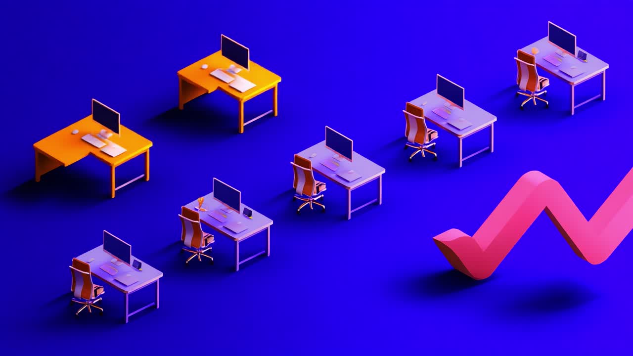 A Vibrant Transformation: The Evolution of Workspace Design Featuring Modern Desks and Ergonomic Chairs Set Against a Dynamic Purple Background with Growth Graphics