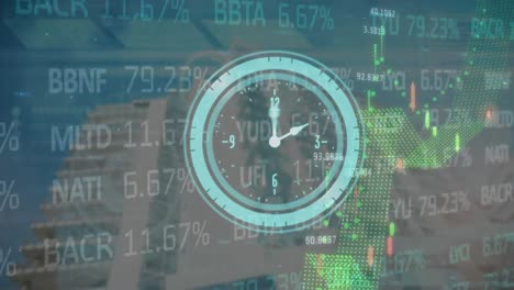 Animación-De-Reloj-En-Movimiento-Y-Mercado-De-Valores-Con-Procesamiento-De-Datos-Sobre-Edificios.