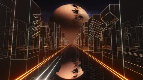 80s retrowave night city synthwave vj seamless loop with neon lights, unknown planet and stars. retro 80s style grid sun stars old tv screen animation background. vj retro-futuristic city. driving toward planet with distant city skyline. 80s sci-fi.