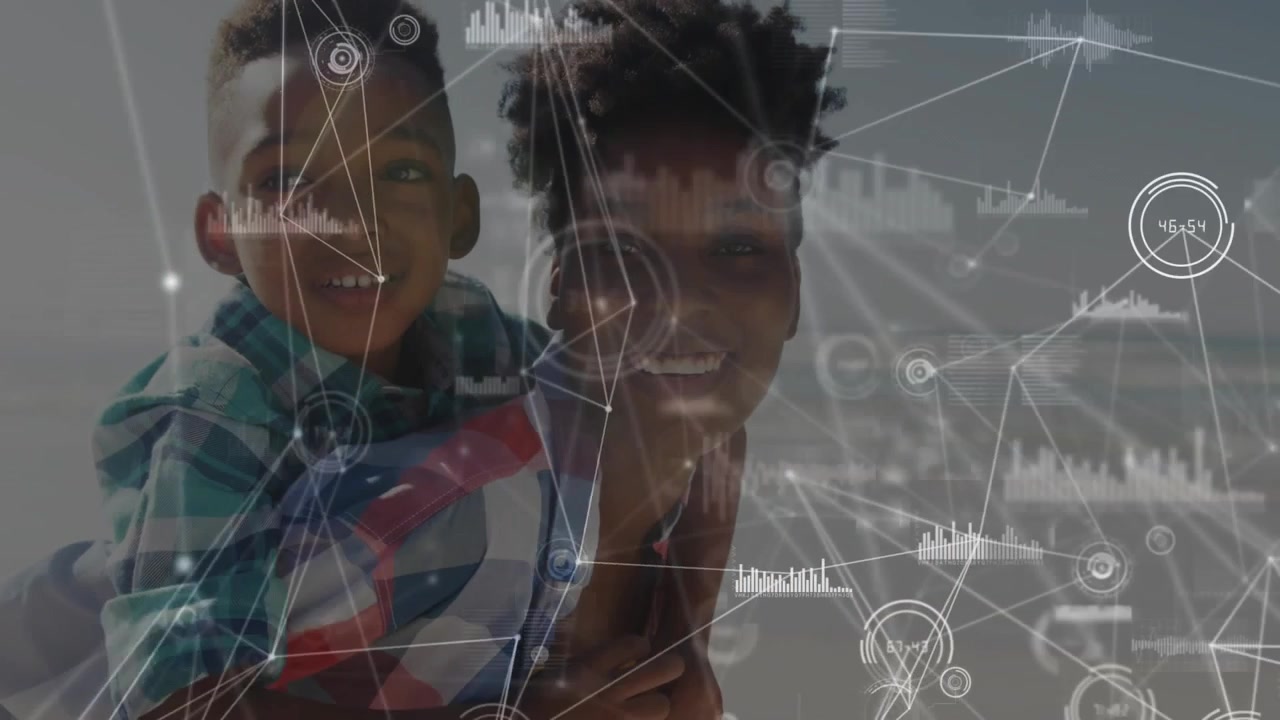 Happy African American Boys with Digital Network Overlay on Beach