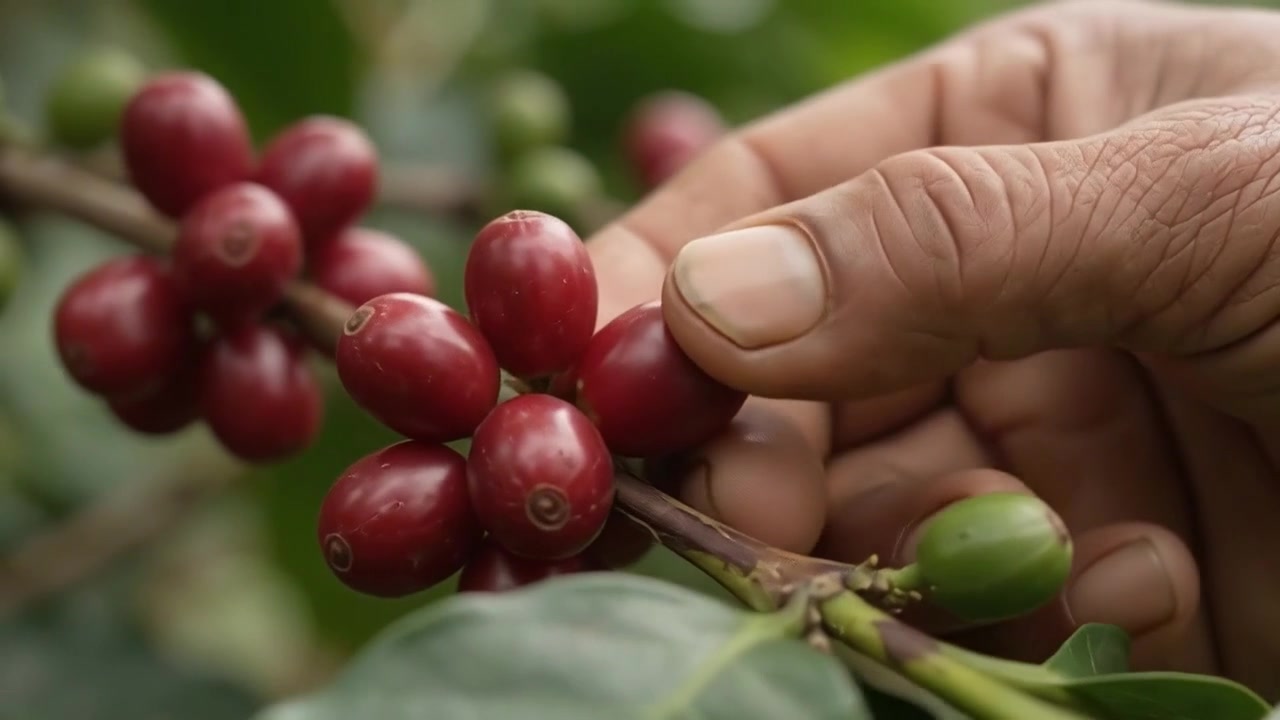 Farmer Harvesting Ripe Red Coffee Cherries from Branch