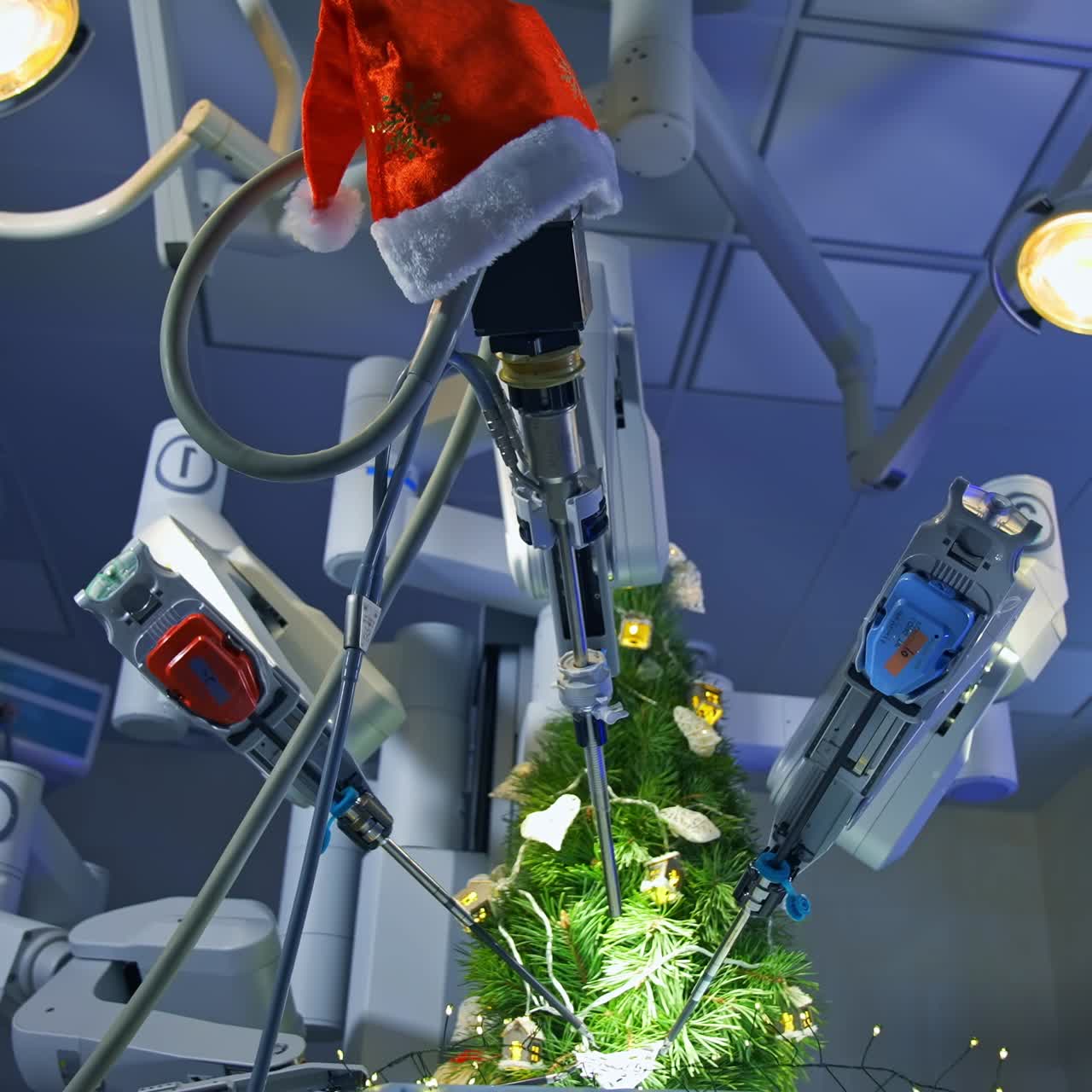Gaze at the precise work of the Da Vinci system while decorating the fur-tree. Hi-tech robotic system in the modern surgery room. View from below