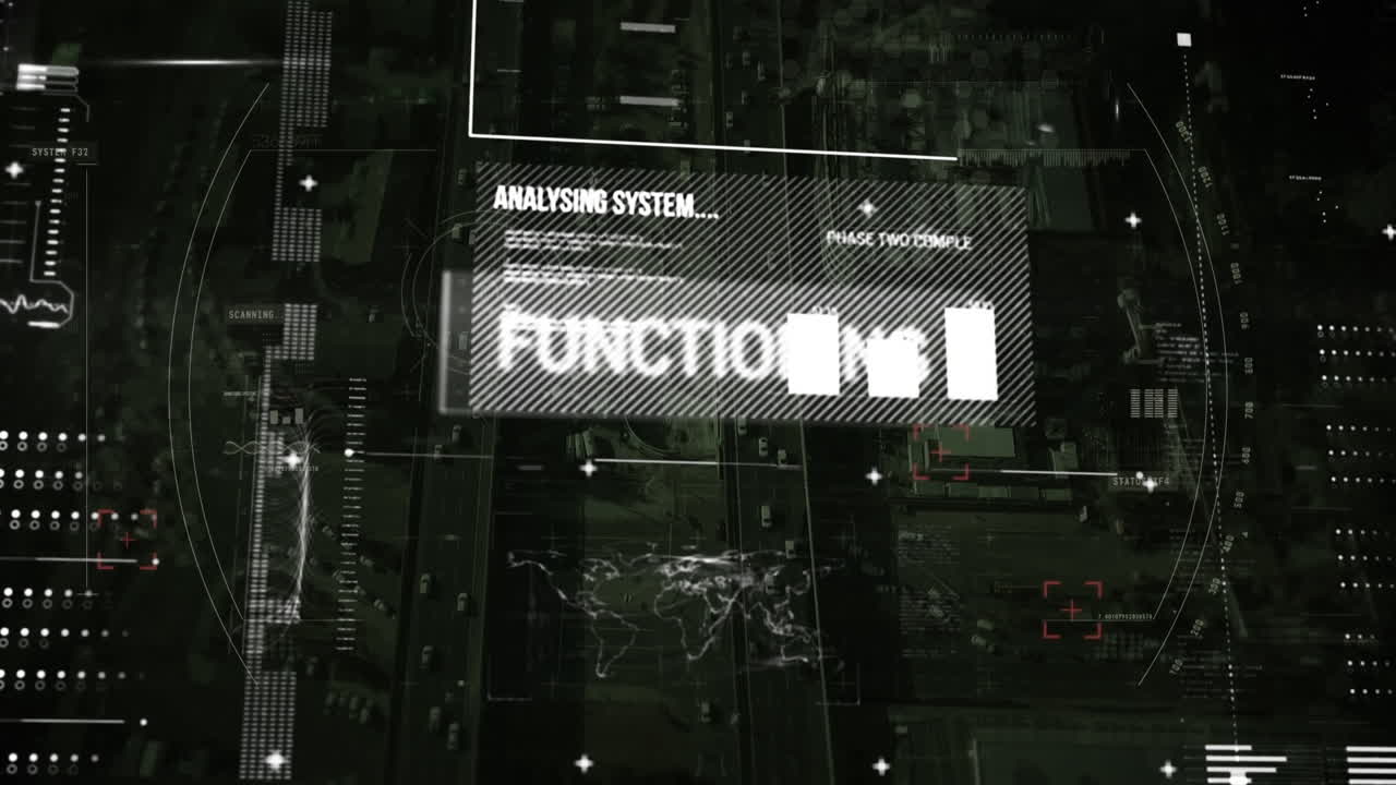 Animation of analysing text and data processing over cityscape