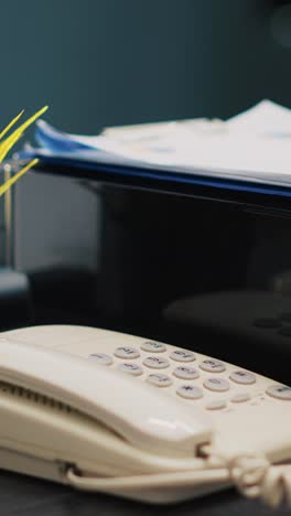 vertical video company paperwork on top of printer, telephone on office desk close up