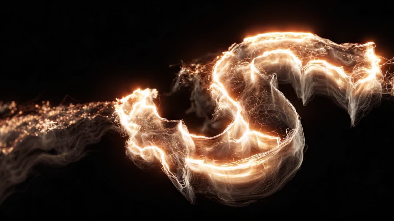 Ethereal trail of glowing golden particles and wispy smoke swirling elegantly across a dark background, creating a dynamic and enchanting stream of fiery energy and sparkling light