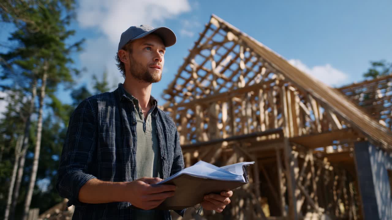 Analyzing Construction Plans: A Builder Evaluates Architectural Blueprints on a Sunny Day as a Magnificent Wooden Framework Takes Shape Behind Him, Reflecting Progress and Dedication in Craftsmanship
