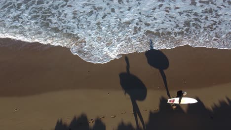 wide shot of shadows on the beach of two surfers carrying their surfboards on a sunny day.