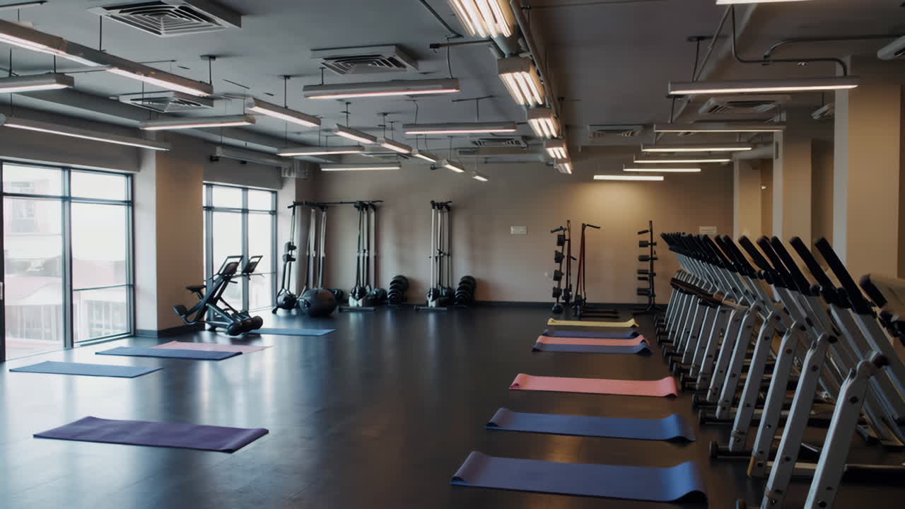 Empty modern gym with exercise equipment and yoga mats