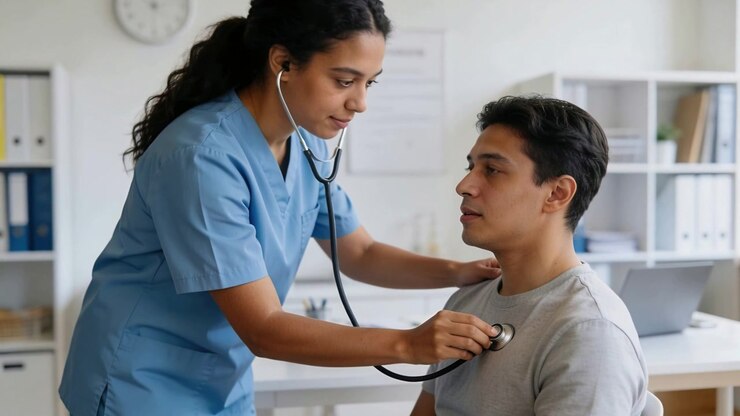 Approaching nurse listening with stethoscope on man chest at clinic, in blue scrubs, checking lungs