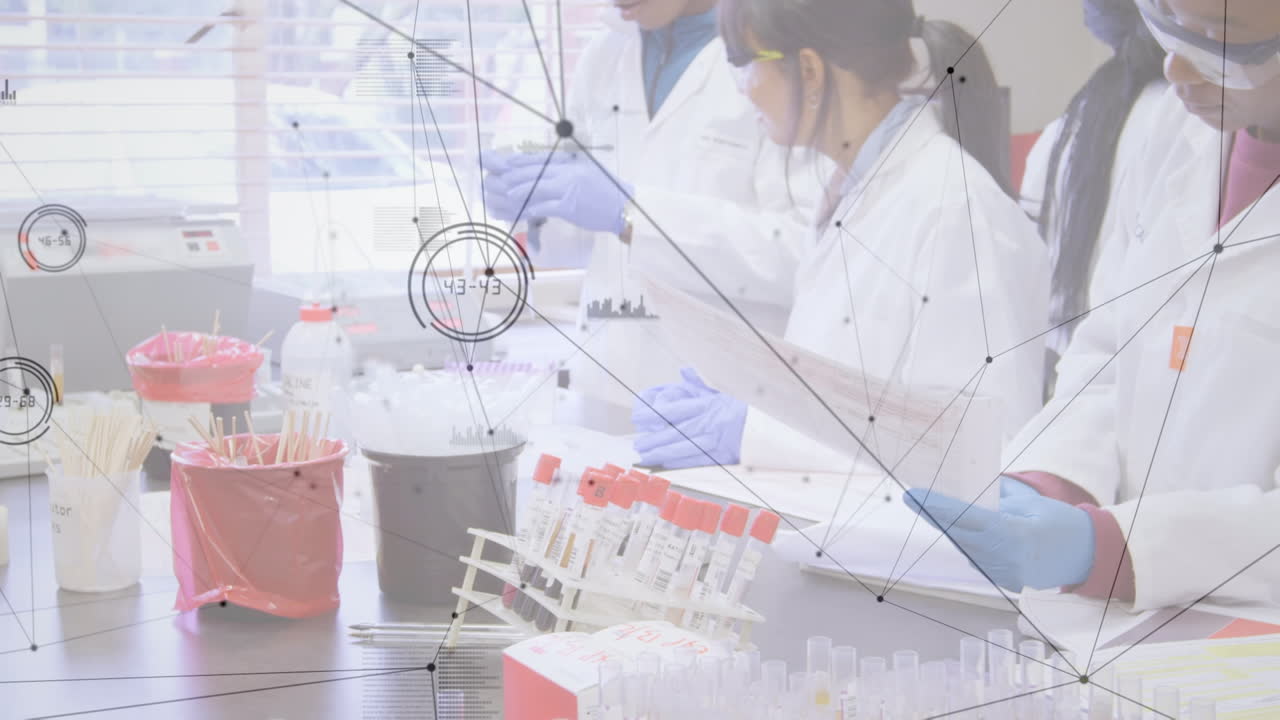 ⁇ 플을 가진 다양한 여성과 남성 실험실 직원 간의 연결의 애니메이션