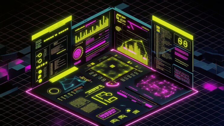Futuristic Isometric Data Dashboard Interface with Glowing Neon Graphics