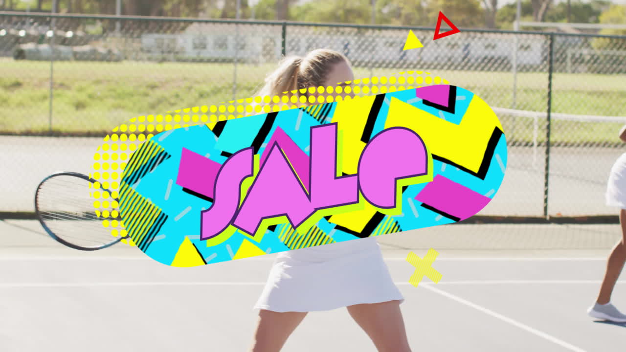 Female tennis player swinging racket on outdoor court, showing marketing SALE graphic overlay