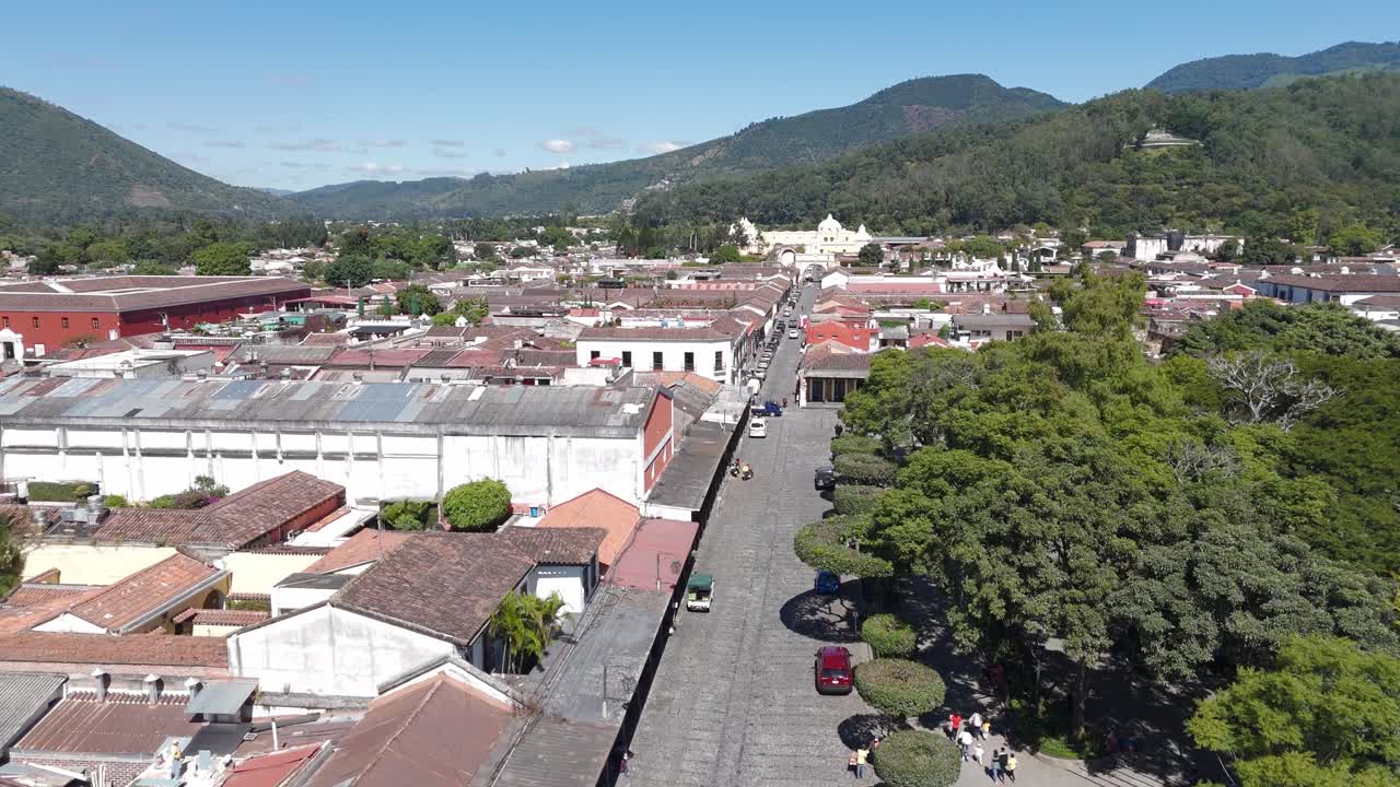 Aerial view of the colonial architecture surrounding the famous Santa Catarina Arch in Guatemala