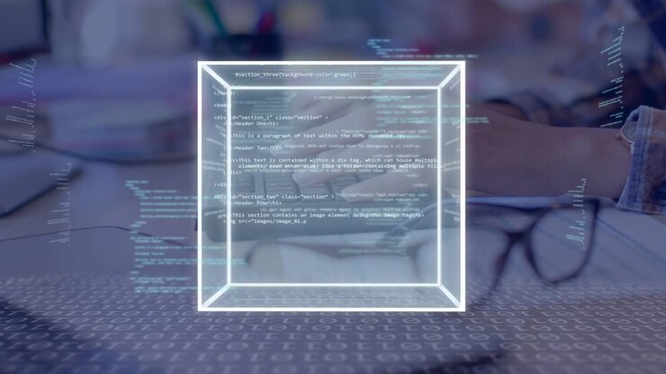 Woman dev hands typing on keyboard causing wireframe cube forming and showing code for debugging