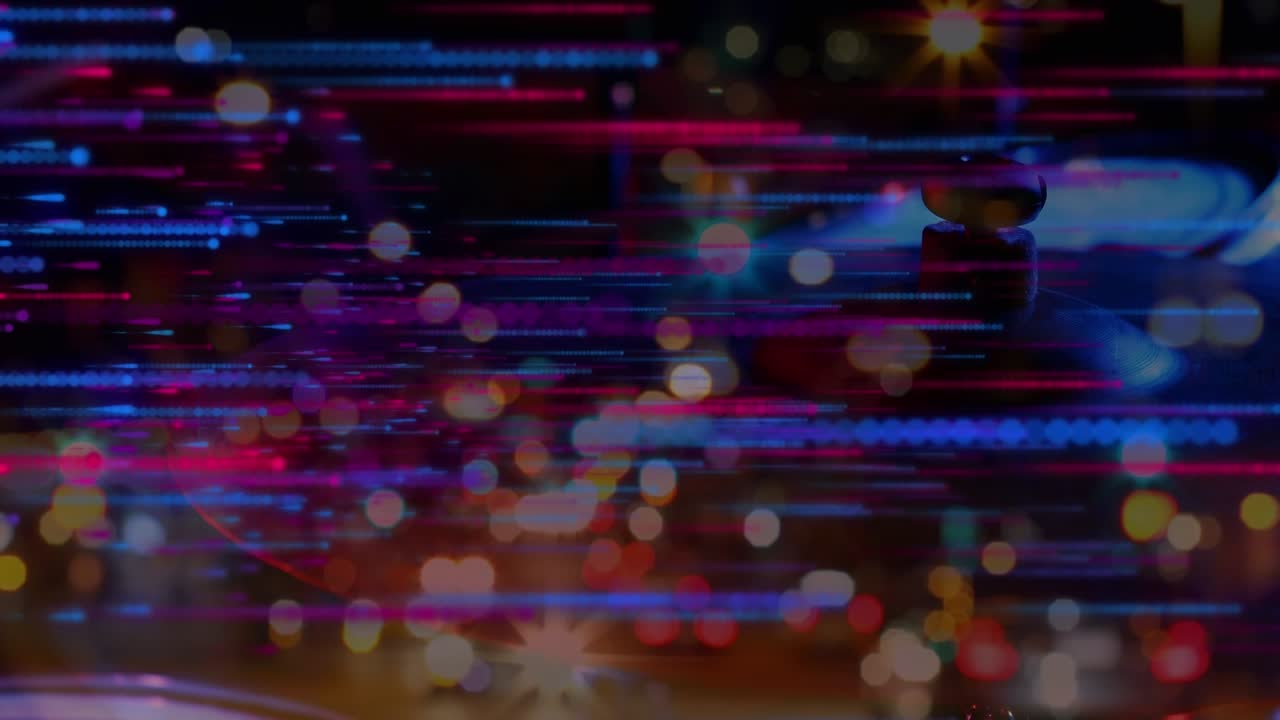 Animation of social media icons and numbers over out of focus city and traffic lights