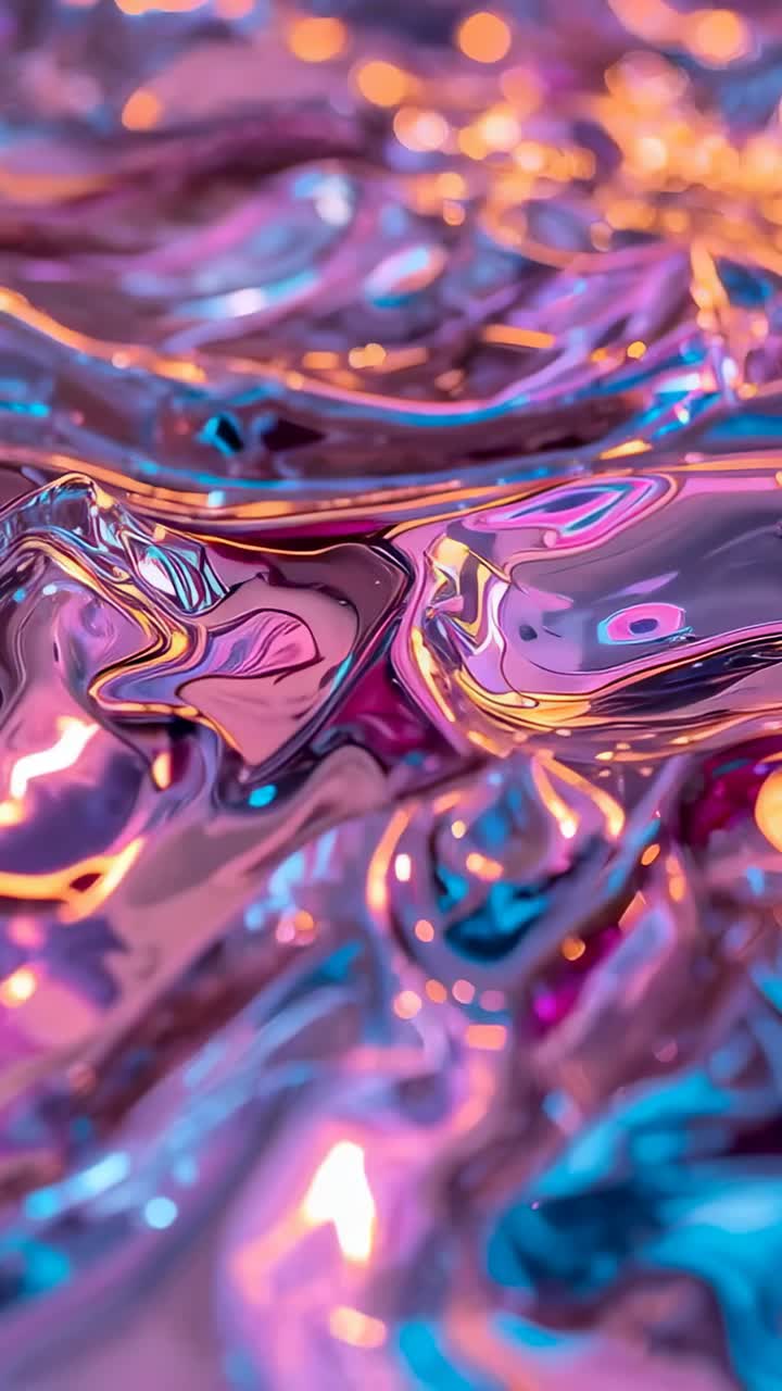 Video verticale: obiettivo macro con panning che mostra le creste su un foglio iridescente su un tavolo con illuminazione colorata