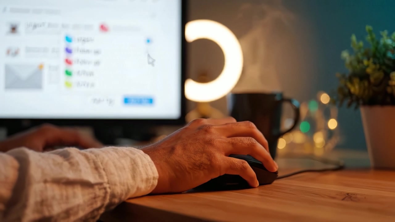 Close-up of a person's hand using a computer mouse, with a blurred desktop monitor displaying notifications, a coffee cup, and decorative lighting in the background.