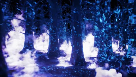 a mystical forest awash in blue light and ethereal fog, creating an otherworldly ambience for a captivating experience in virtual reality