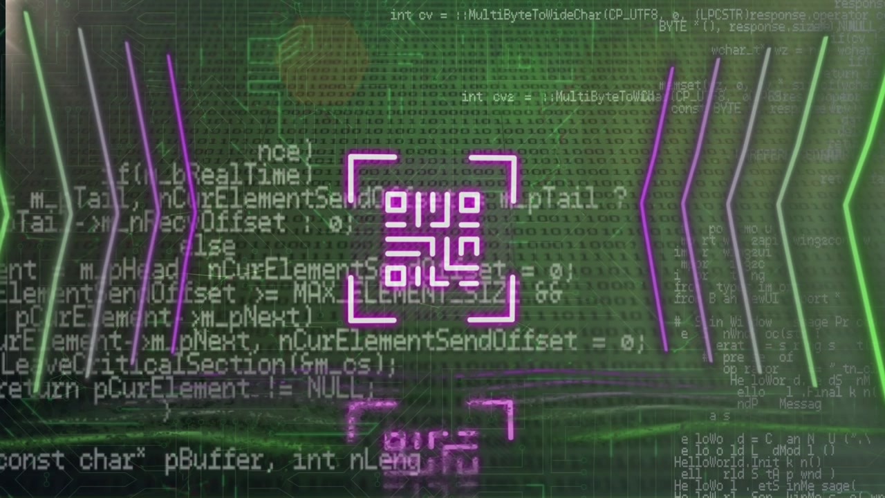 Unique digital video of qr code with computer coding in background