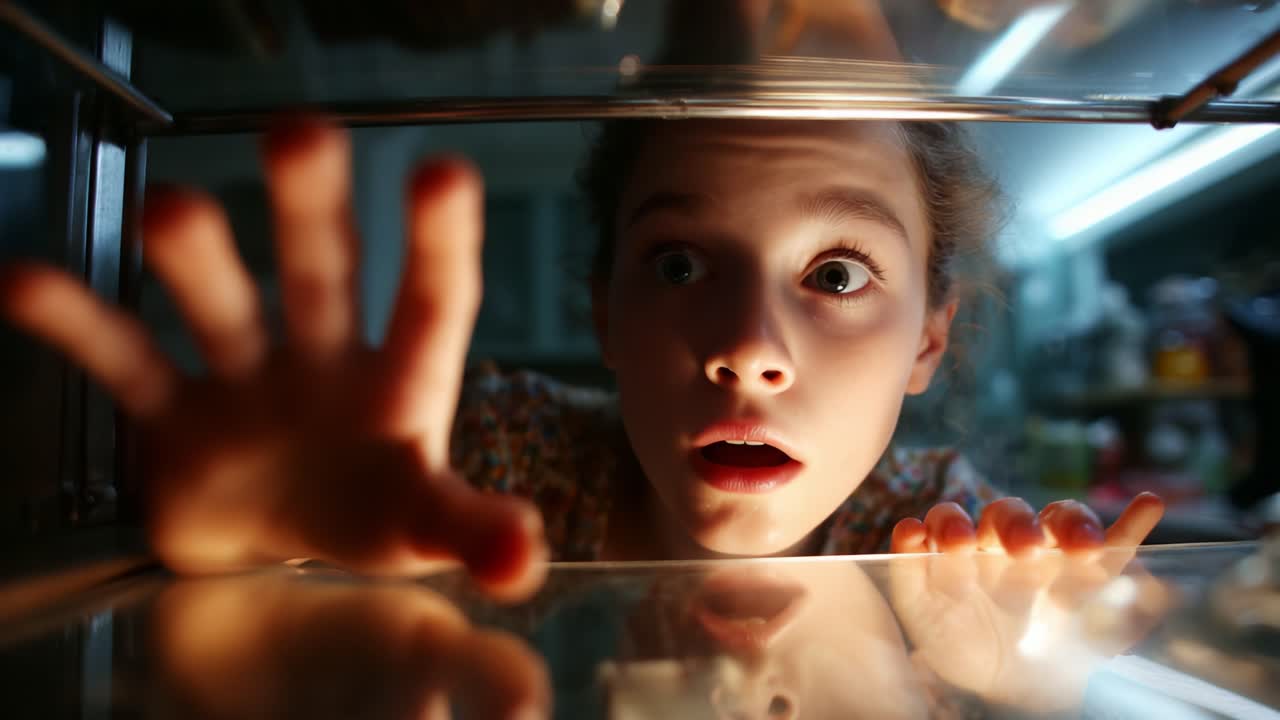 A Young Girl's Curious Expression While Reaching into the Refrigerator, Capturing the Moment of Anticipation and Discovery in a Domestic Kitchen Setting