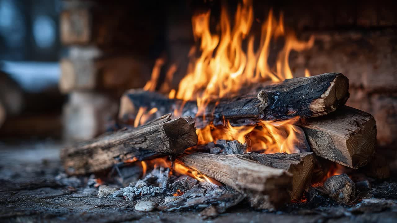 Captivating Flames Dance in a Cozy Fireplace: A Warm and Inviting Atmosphere Created by Wood Logs Igniting with Radiant Firelight, Perfect for Winter Evenings