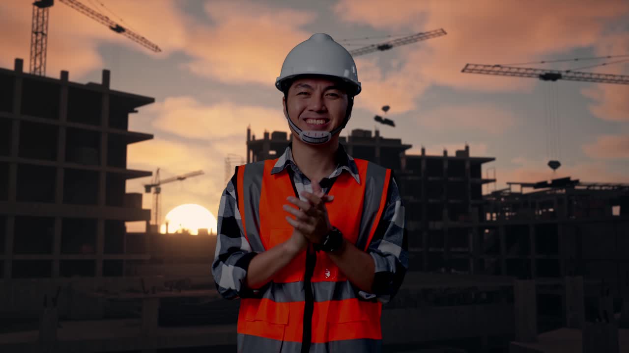 Asian Male Engineer With Safety Helmet Smiling And Clapping His Hands While Standing At Building & Construction Site in Progress to New House