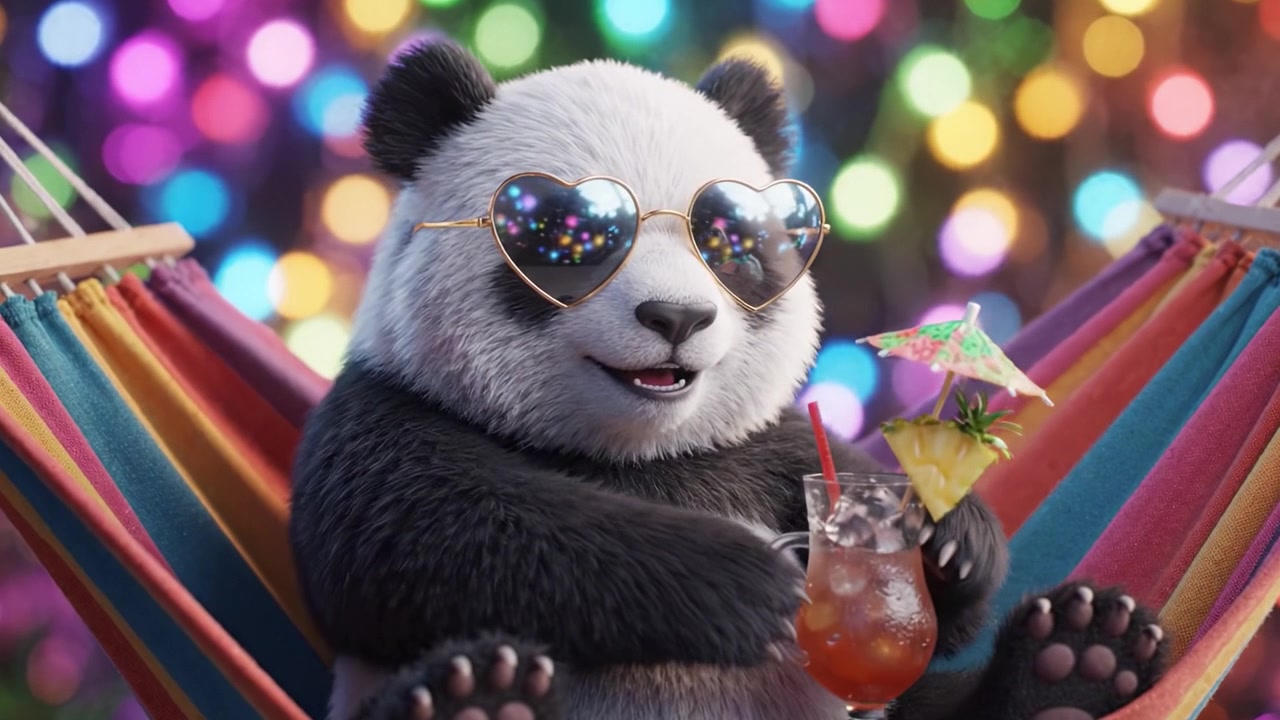 Un panda rilassato che si gode una bevanda tropicale sotto luci bokeh colorate, indossando eleganti occhiali da sole a forma di cuore in un'accogliente ambientazione su un'amaca.