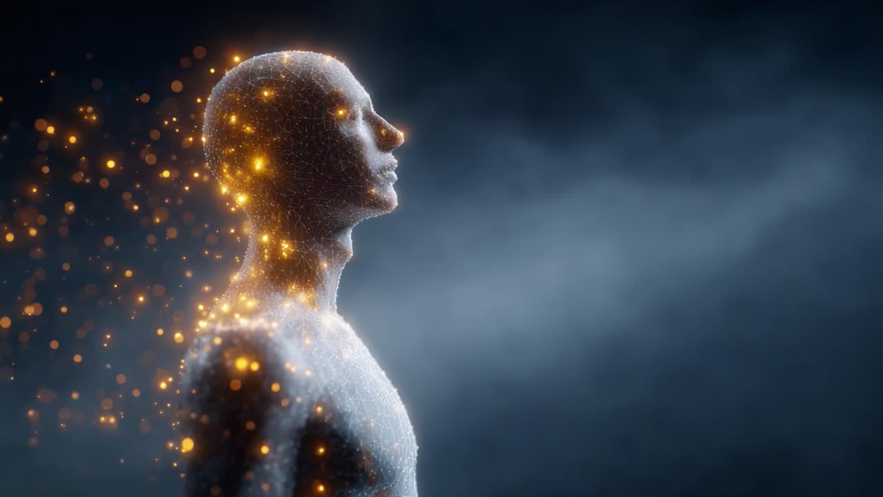 A Digital Transformation: Exploring the Human Form with Flickering Lights and Glowing Particles in a Captivating Display of Technology and Artistry