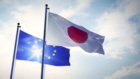 Japanese and European Union EU Flags shows political partnership and negotiations.