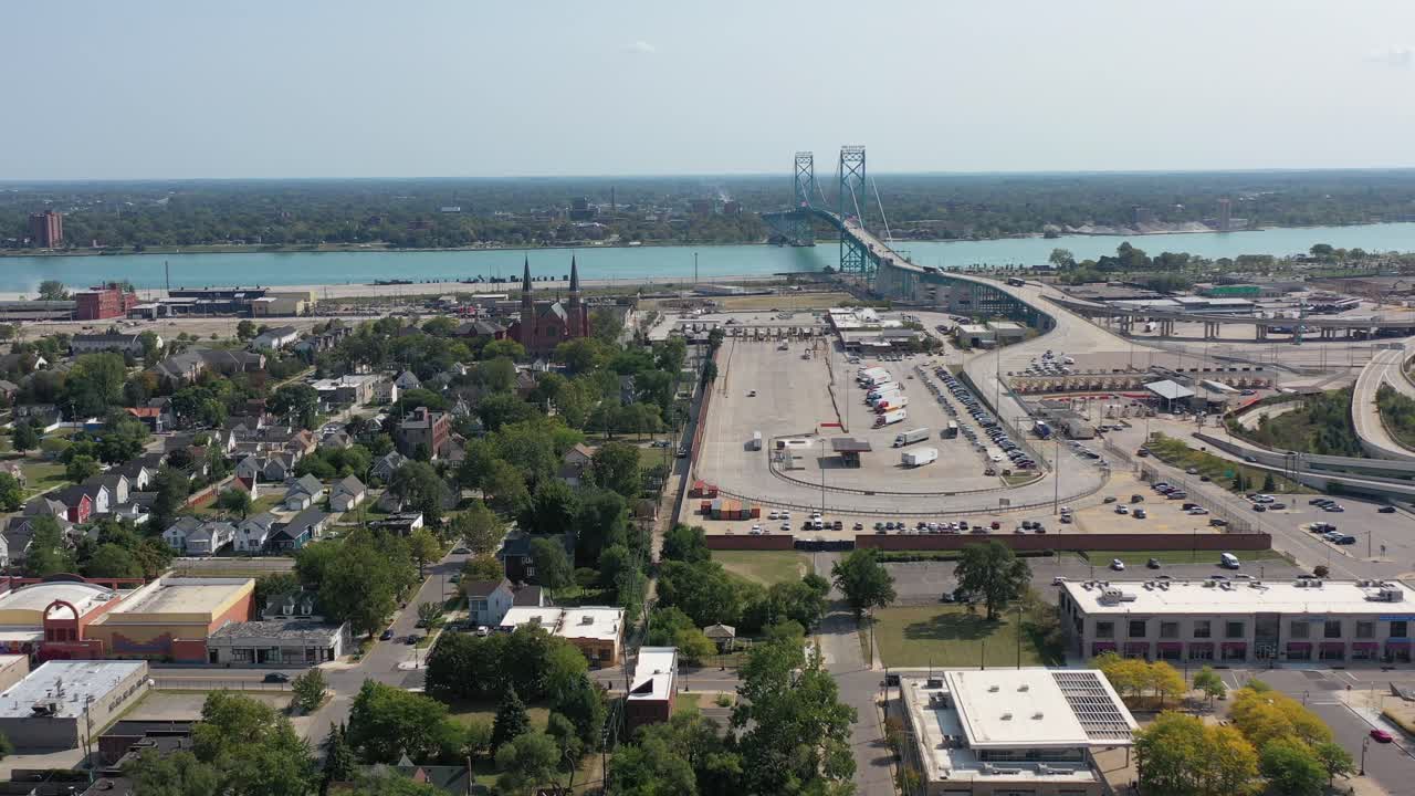 Detroit Michigan Aerial View of Ambassador Bridge to Windsor Canada