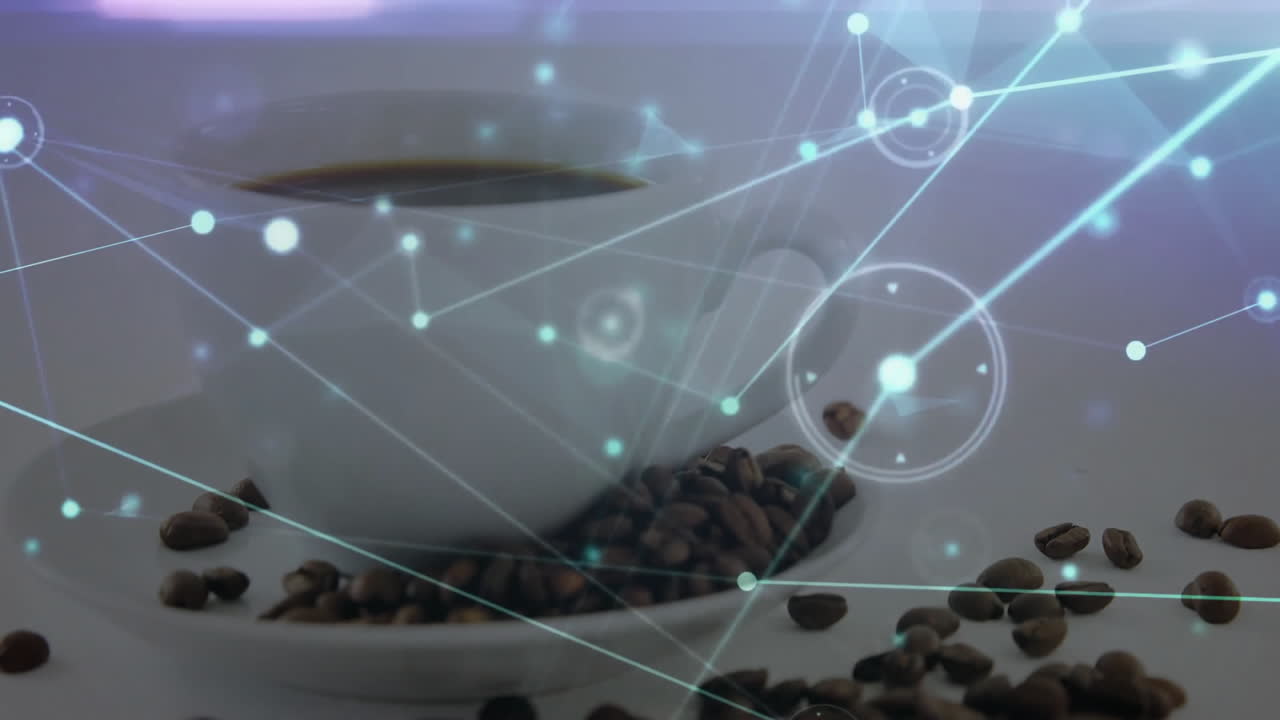 White porcelain coffee cup sitting on saucer while digital network glowing above roasted beans