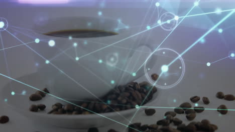 white porcelain coffee cup sitting on saucer while digital network glowing above roasted beans