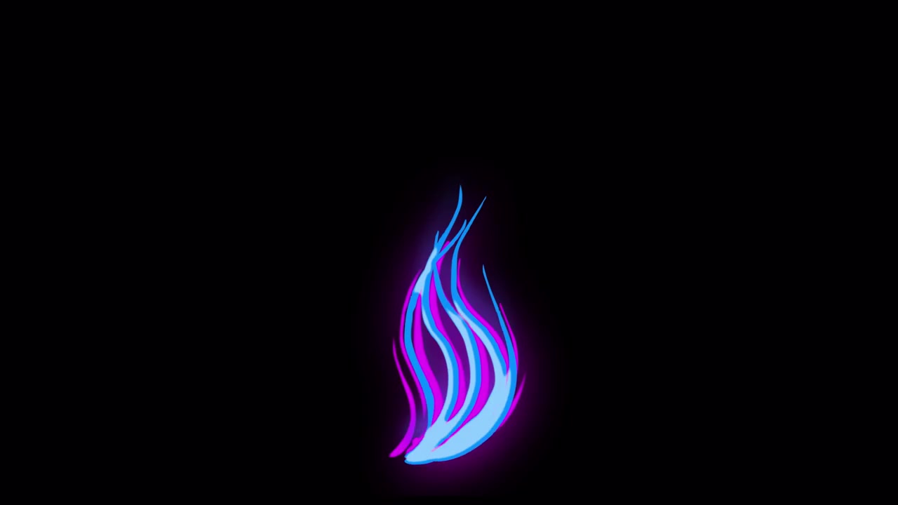Effetto fuoco stilizzato animato blu e magenta su sfondo nero.