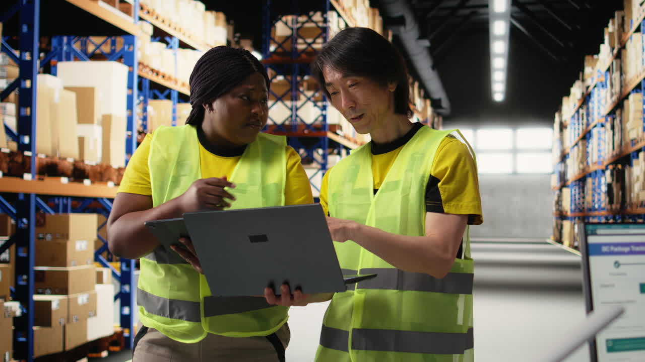 Vertical Video African American and Asian workers manage goods for a large brand