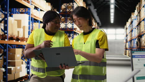 vertical video african american and asian workers manage goods for a large brand